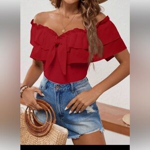Chic Off-Shoulder Red Ruffle Blouse